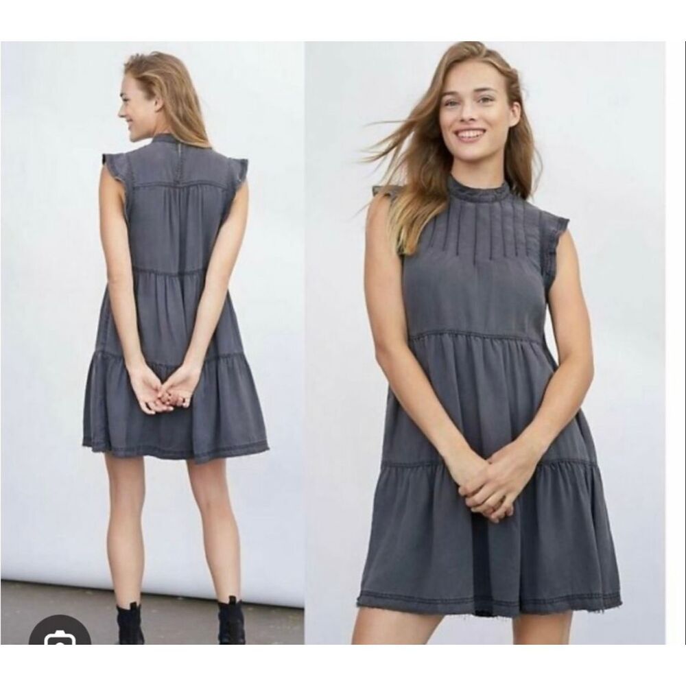 Anthropologie Jenee Tiered Tunic Dress Size XL Charcoal Pintuck Ruffle